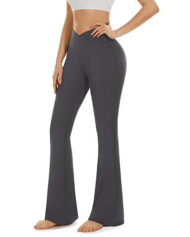 Aoliks Gray Flare Leggings for Women, Crossover Scrunch Butt Wide Leg Yoga Pants for Workout Casual
