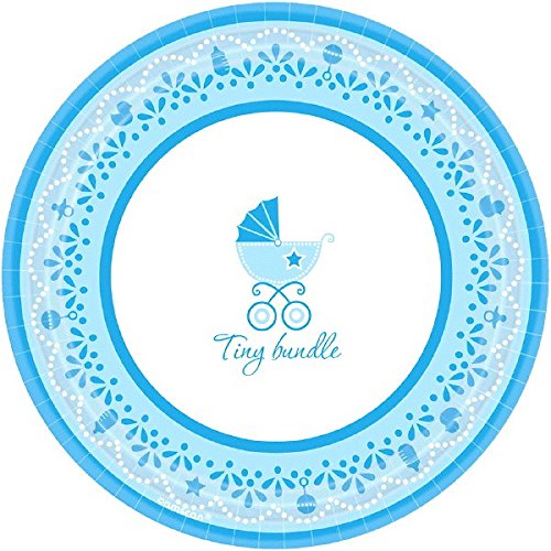Amscan Charming Celebrate Baby Boy Round Dessert Plates, 7", Blue/White