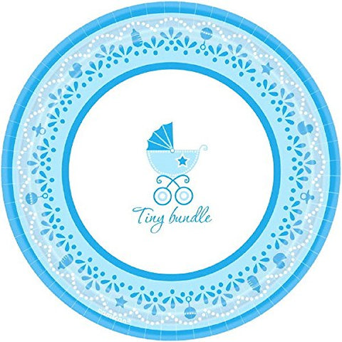 Amscan Charming Celebrate Baby Boy Round Dessert Plates, 7", Blue/White