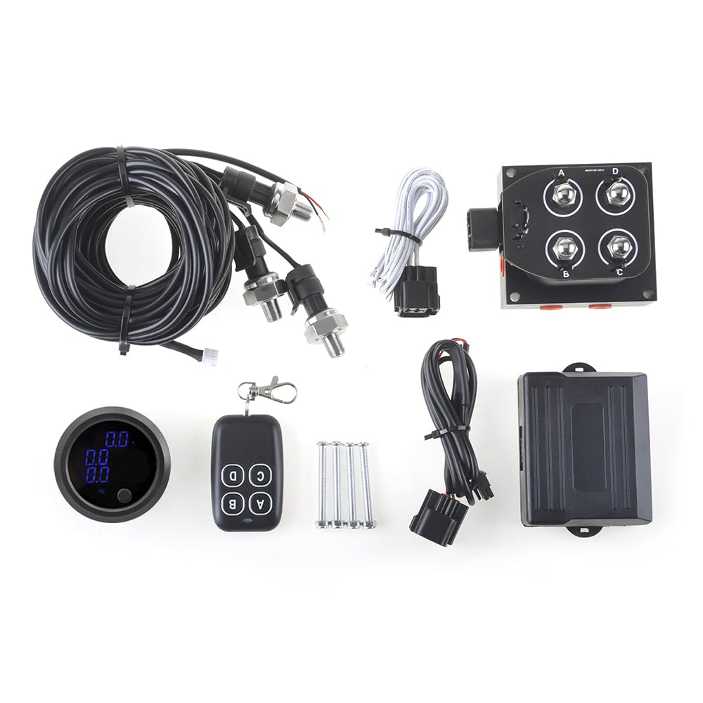 12V Solenoid Valve Air Ride Suspension manifold valve with remote controller 0-200psi, equipped with three display air pressure gauge blue