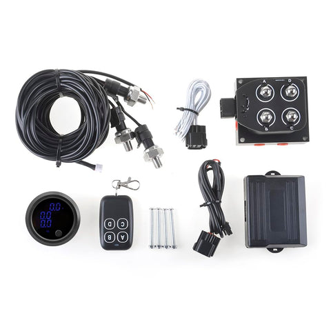 12V Solenoid Valve Air Ride Suspension manifold valve with remote controller 0-200psi, equipped with three display air pressure gauge blue