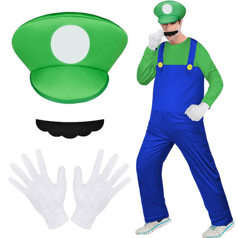 Aomig Mario Costumes, 4 Pack Mario Cosplay Costume Accessories Kits with Bodysuit, Luigi Hats Cap, Mustaches, White Gloves, Mario Luigi Bros Fancy Dress Outfit Costume for Women Men