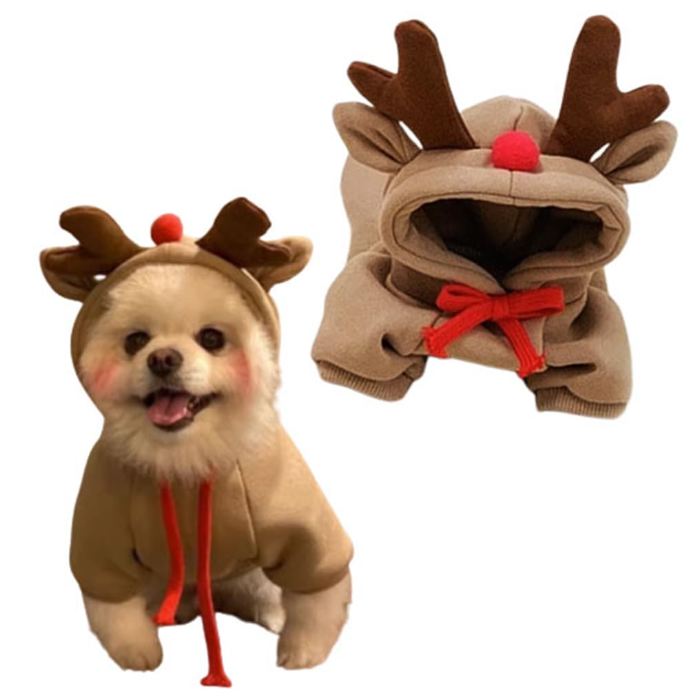 Dog Christmas Outfit Pet Funny Hoodie Ugly Christmas Sweater, Christmas Tree Santa Claus Pet Outfit Winter Hoodie Clothes Party Dressing up for Small Dogs Cats (Medium, Xmas Deer Hoodie)