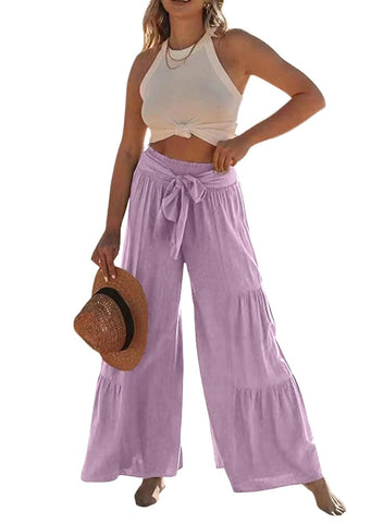 Lafural Women Summer High Waisted Cotton Linen Flare Palazzo Pants Beach Pant Long Bell Bottom Lounge Trousers, Purple, Large