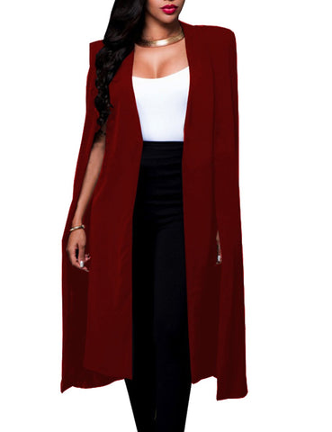 Women's Long Open Slit Sleeve Cloak Capes Jacket 4XXL Open Front Long Slit Blazer Cape Coat Plus Size(WR-L) Wine Red