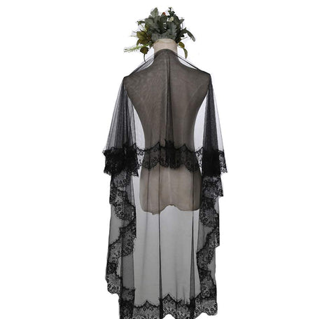 1 Tier 3 Meters Black Long Lace Veil Tulle Bridal Wedding Cathedral Veil Headpiece Flower Embroided Veil Black Mantilla Cathedral Gothic Lace Veil Bride Hair Accessory Halloween Costume Veil Headwear