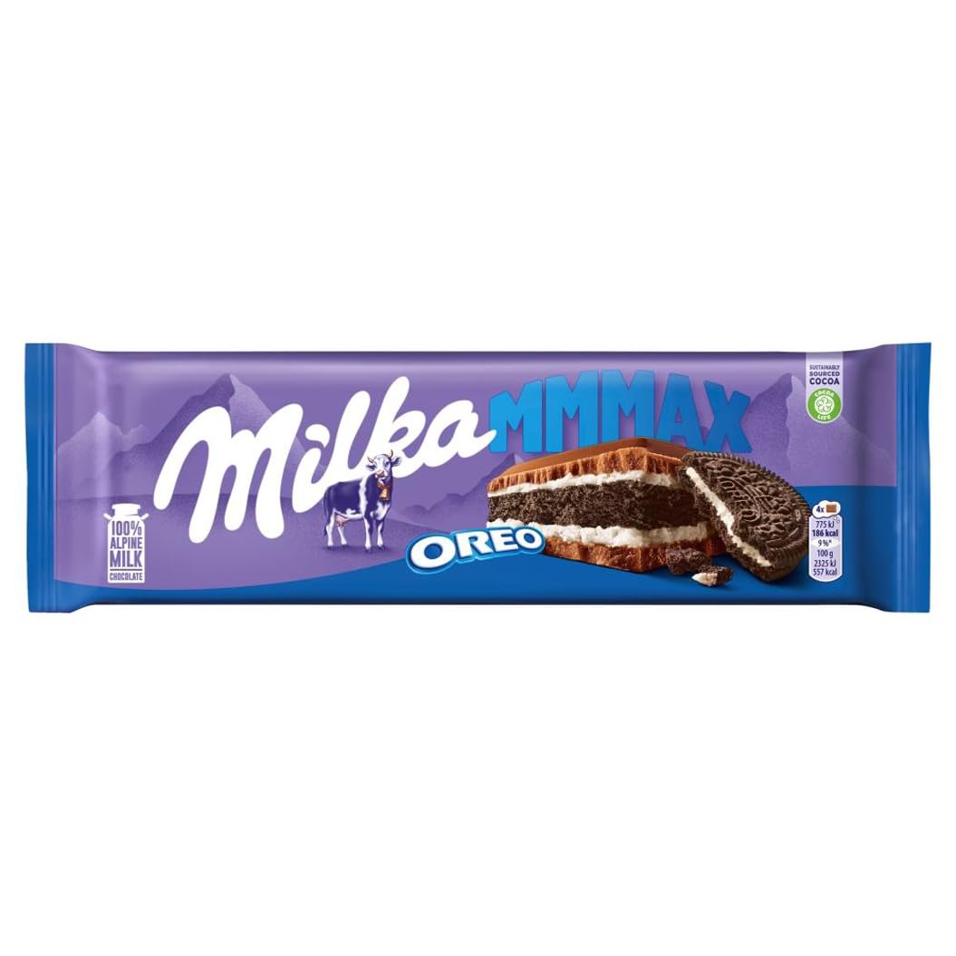 Milka Mmmax with OREO Chocolate Bar, Alpine Milk Chocolate with Cocoa Biscuit Pieces & Dairy Cream Filling, 300g
