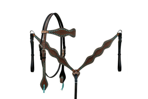 CHALLENGER Horse Western Basket Weave Tooled Leather Bridle Breast Collar Tack Set 78RS03