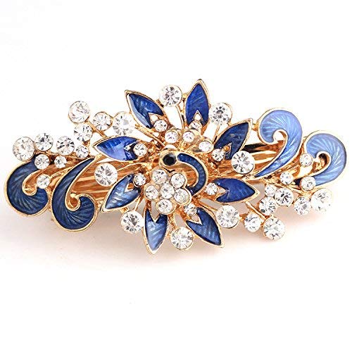 NYKKOLA Women's Multilayered Peacock Shaped Rhinestone French Barrette Hair Clip Blue