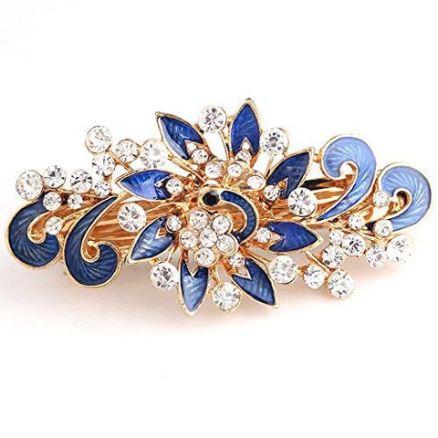 NYKKOLA Women's Multilayered Peacock Shaped Rhinestone French Barrette Hair Clip Blue