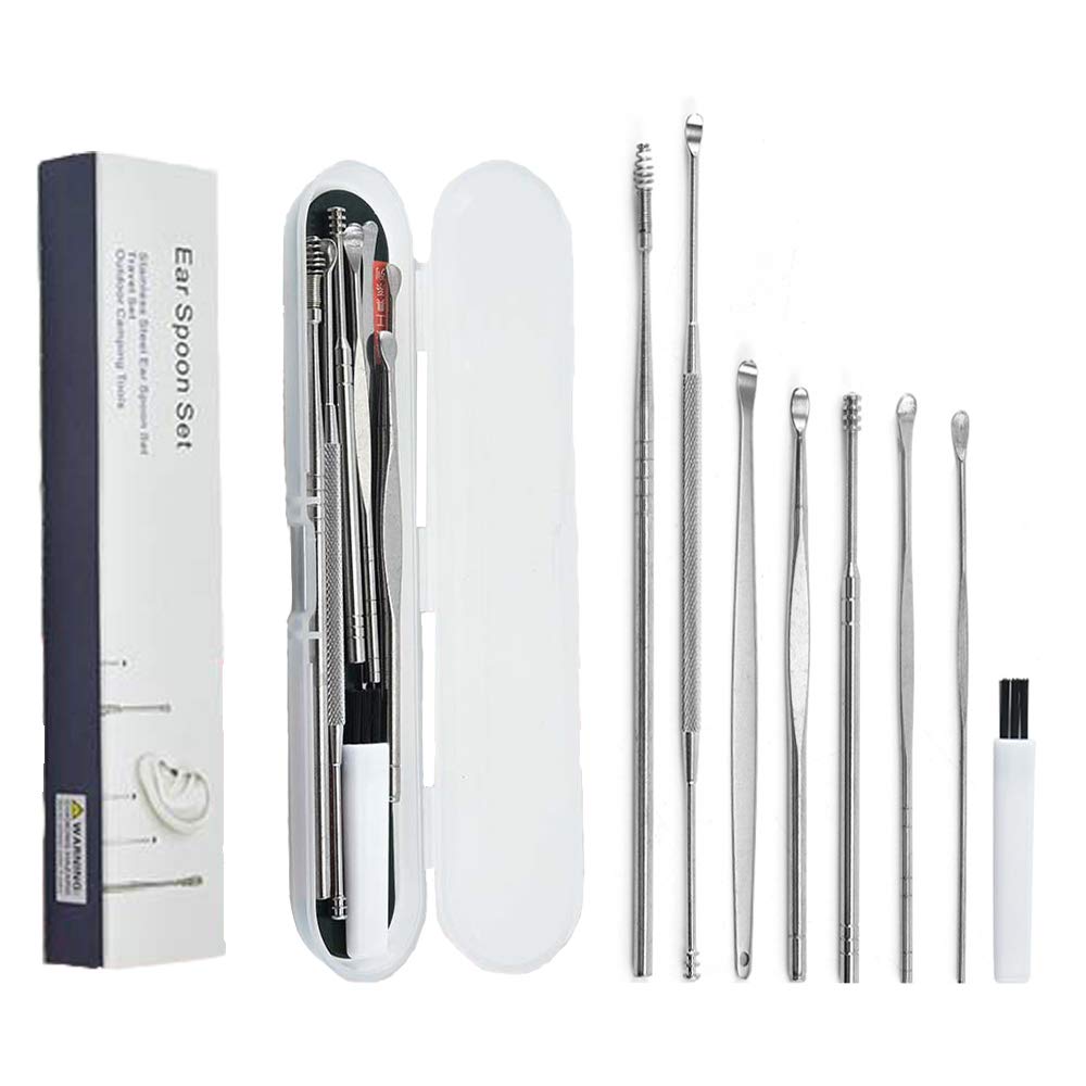 Ear Wax Removal Kit, 8 Pcs Ear Pick Earwax Removal Tool, Ear Cleansing Tool Set, Stainless Steel Ear Wax Remover with Storage Box, Reusable Ear Curette Wax Removal Set for Children & Adults