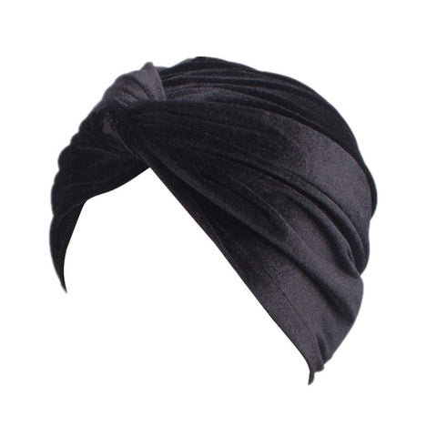 Fxhixiy Women's Stretch Velvet Twist Pleasted Hair Wrap Turban Hat Cancer Chemo Beanie Cap Headwear, Black, One Size