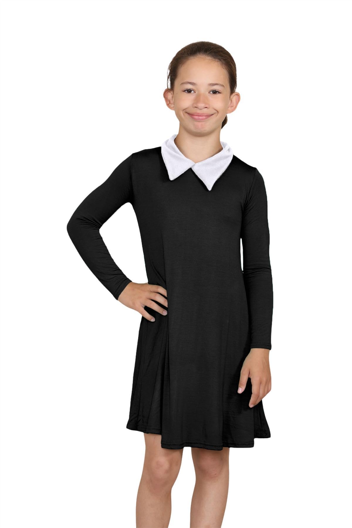 Hamishkane® Girls Peter Pan Collar Dress, Peter Pan Swing Dress for Girls, Long Sleeve Dress for Kids, Girls Party Dress for Halloween, Kids Plain Swing Dress, Girls’ Dresses Age 5-13 Years Black
