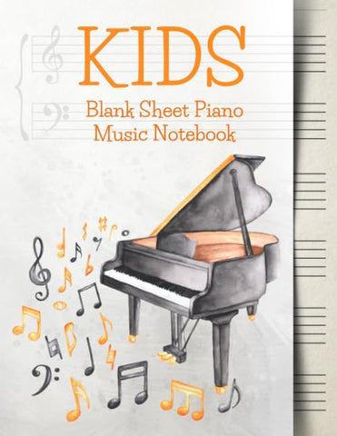 Blank Sheet Music Notebook Kids: Wide Staff Music Manuscript Paper | Grey and Orange Music Notes