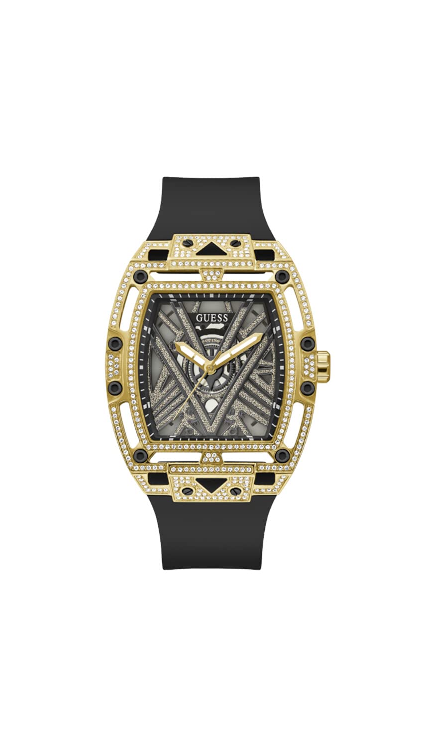 GUESS Men's 44mm Watch - Black Strap Black Dial Gold Tone Case