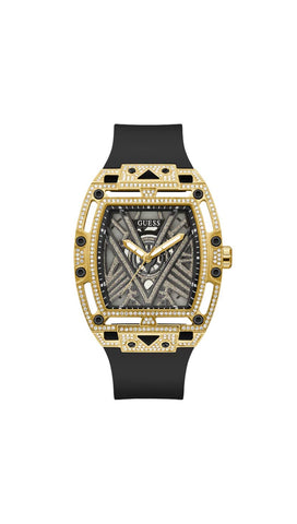 GUESS Men's 44mm Watch - Black Strap Black Dial Gold Tone Case
