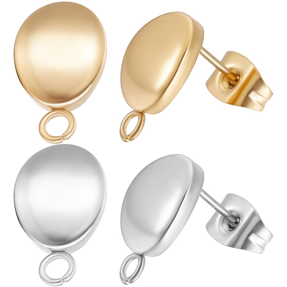 Beebeecraft 60Pcs 2 Colors Oval Stud Earring Findings 18K Gold Plated Earring Post 304 Stainless Steel Stud with Loop Ear Back for Jewelry Making DIY