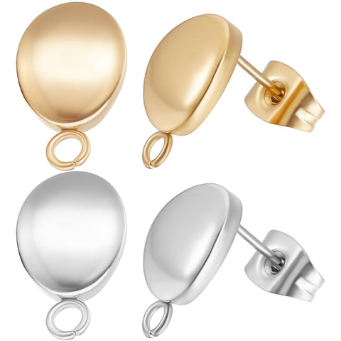 Beebeecraft 60Pcs 2 Colors Oval Stud Earring Findings 18K Gold Plated Earring Post 304 Stainless Steel Stud with Loop Ear Back for Jewelry Making DIY