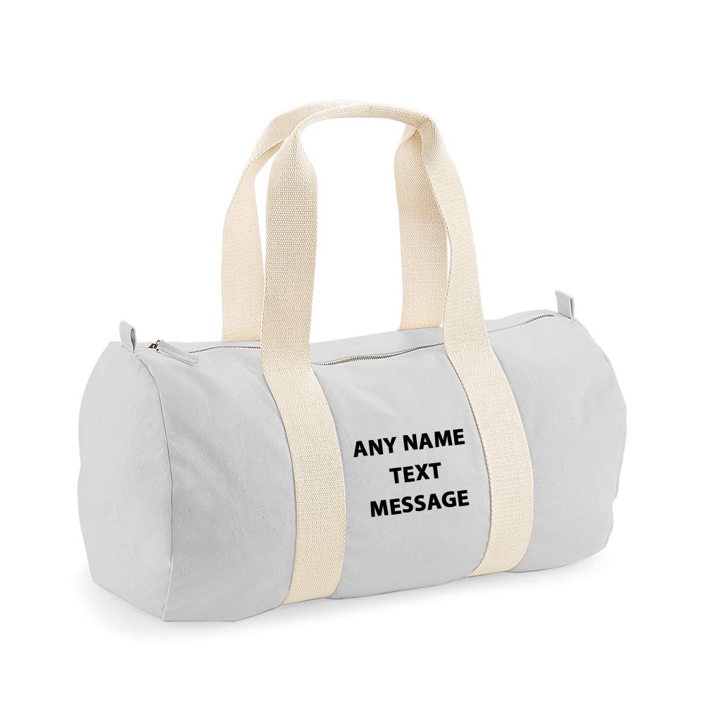 Getagift Personalised With Any Name Text Message Unisex Barrel Bag Holdall Zip Sports Bag Duffle Bag Weekend Travel Bag Gym Bag Training Handbag Fathers day Yoga Bag for Men and Women. (Light Grey)