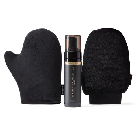 Malibu Bronze Glow Bundle 1 Hour | OF 3 (1-Hour Dark Tan Mousse, Luxe Tanning Mitt, Exfoliate Mitt) Squalene, Vitamin B3 & Orange Blossom Reusable Fake Applicator Mitt Men and Women