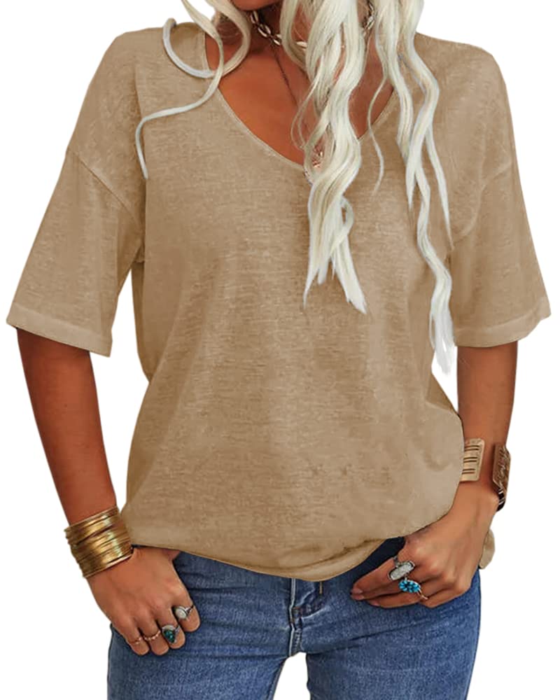 Tankaneo Women's 3/4 Sleeve Shirts V Neck Loose Fitting Tops Casual Solid Color Tshirts Trendy Basic Tunic Summer Ladies Tops Kaki