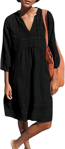 Lafural Womens V Neck Cotton Casual Loose Shift Tunic Smock Summer Dresses Vacation Dress 3/4 Sleeve Pocket Black S