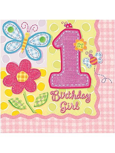 1st Birthday Girl 'Hugs and Stitches' Small Napkins (16ct)