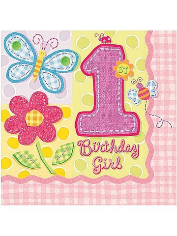 1st Birthday Girl 'Hugs and Stitches' Small Napkins (16ct)