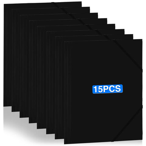 Pack of 15 Portfolio Folders PP Plastic Corner Binder A4 Black Folder PP DIN A4 with 2 Elastic Bands Document Folder Ideal for Files, Documents, Meetings, Reports, Office Supplies Folder with Pockets