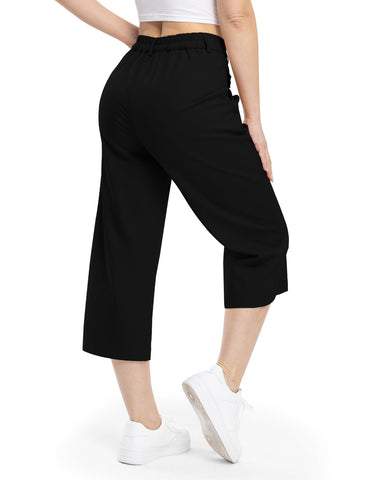 Rdruko Women's Linen Capri Pants Summer Wide Leg Cropped Pants Elastic Waist Loose Casual Palazzo Pants with Pockets,Black,L