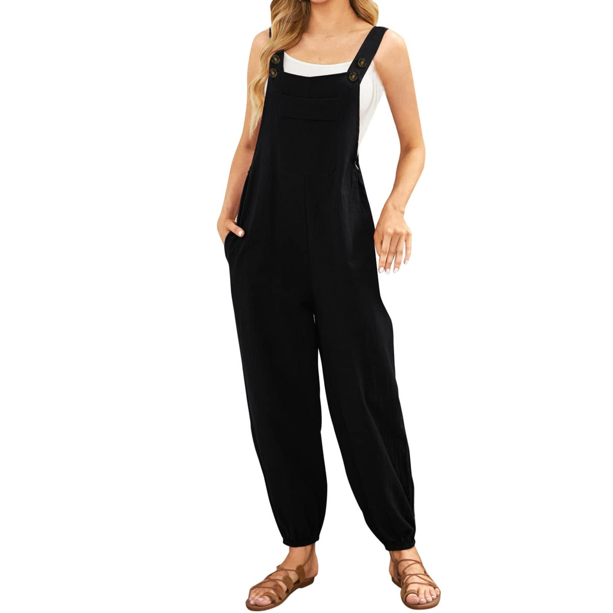 Cotton Linen Dungarees for Women UK,Womens Sleeveless Casual Solid Jumpsuits Rompers Durable Workwear Overalls Loose Wide Leg Palazzo Lounge Harem Trousers Pants with Pockets Black