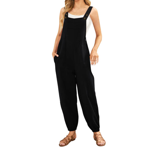 Cotton Linen Dungarees for Women UK,Womens Sleeveless Casual Solid Jumpsuits Rompers Durable Workwear Overalls Loose Wide Leg Palazzo Lounge Harem Trousers Pants with Pockets Black