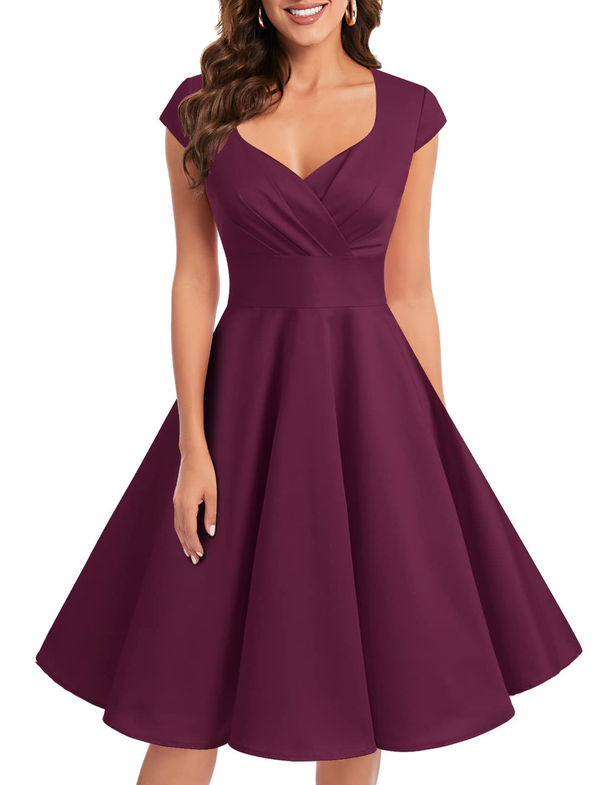 Bbonlinedress Women's 50s 60s A Line Rockabilly Dress Cap Sleeve Vintage Swing Party Dress Burgundy L