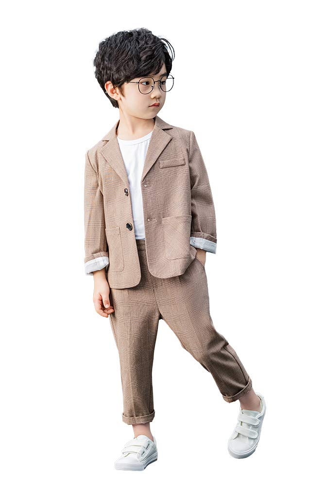 LOLANTA Kids Check Suit, Summer Wedding Party Occasionwear, Lightweight Casual Suit Jacket and Trousers, Khaki, 12-13 Years, 170