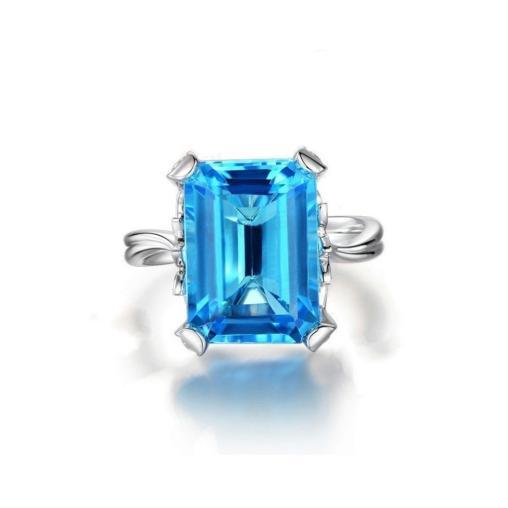 Uloveido Charm White Gold Plated Emerald Cut Blue Cubic Zirconia CZ Birthstone Rings Lab Created Aquamarine Crystal Statement Rings with Beautiful leaf for Women Size 9 RJ292