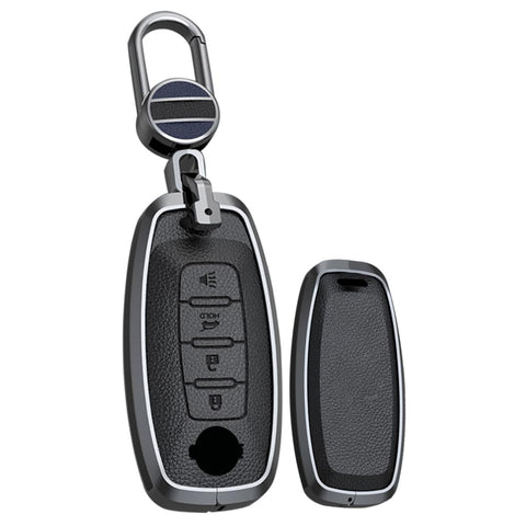 TECART Metal Key Fob Cover with Keychain 4 Buttons Leather Key Case Holder Fit for Nissan X-trail Car Key Accessories Black