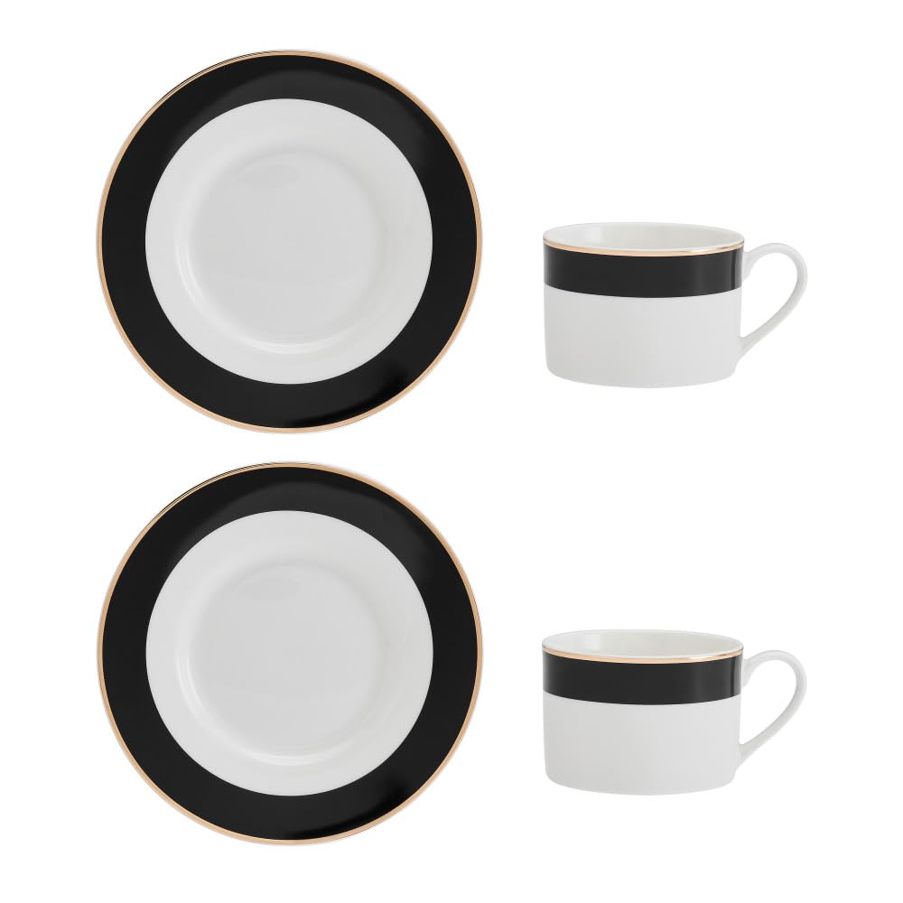 MIKASA Luxe Deco 2pc Fine China Tea Cup & Saucer Set - Band Pattern, 200ml, Gift Boxed