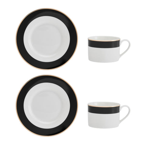 MIKASA Luxe Deco 2pc Fine China Tea Cup & Saucer Set - Band Pattern, 200ml, Gift Boxed