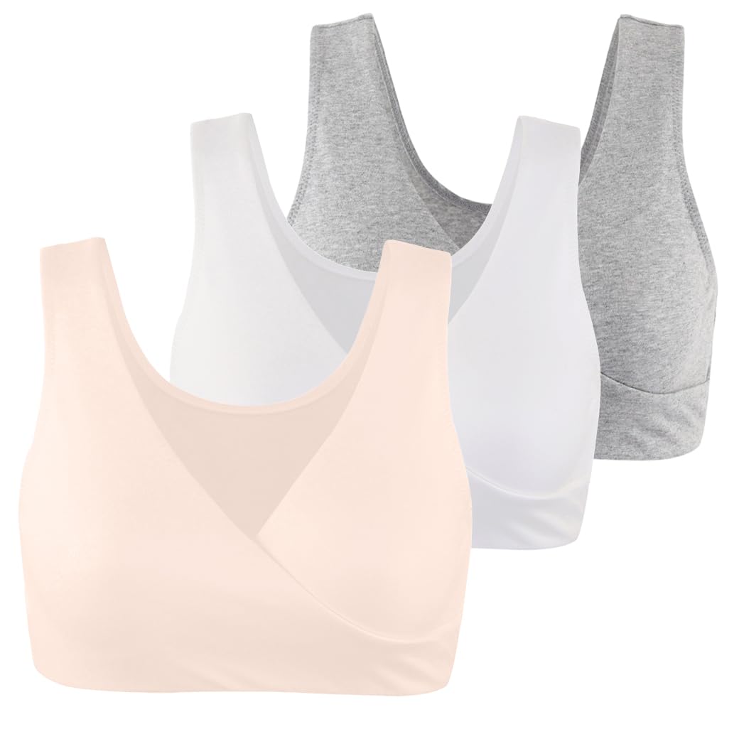 COLOMI Maternity Nursing Bra Wireless Cotton Breastfeeding Bra for Sleep (L, Grey+White+Apricot)