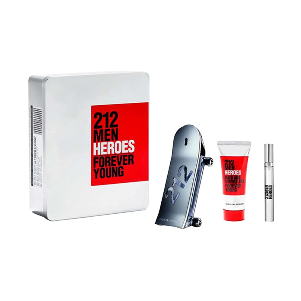 Carolina Herrera 212 Men Heroes 3-Pcs Gift Set (Eau de Toilette 3 Fl Oz + Shower Gel 3.4 Fl Oz + Eau de Toilette Travel Size 0.34 Fl Oz)