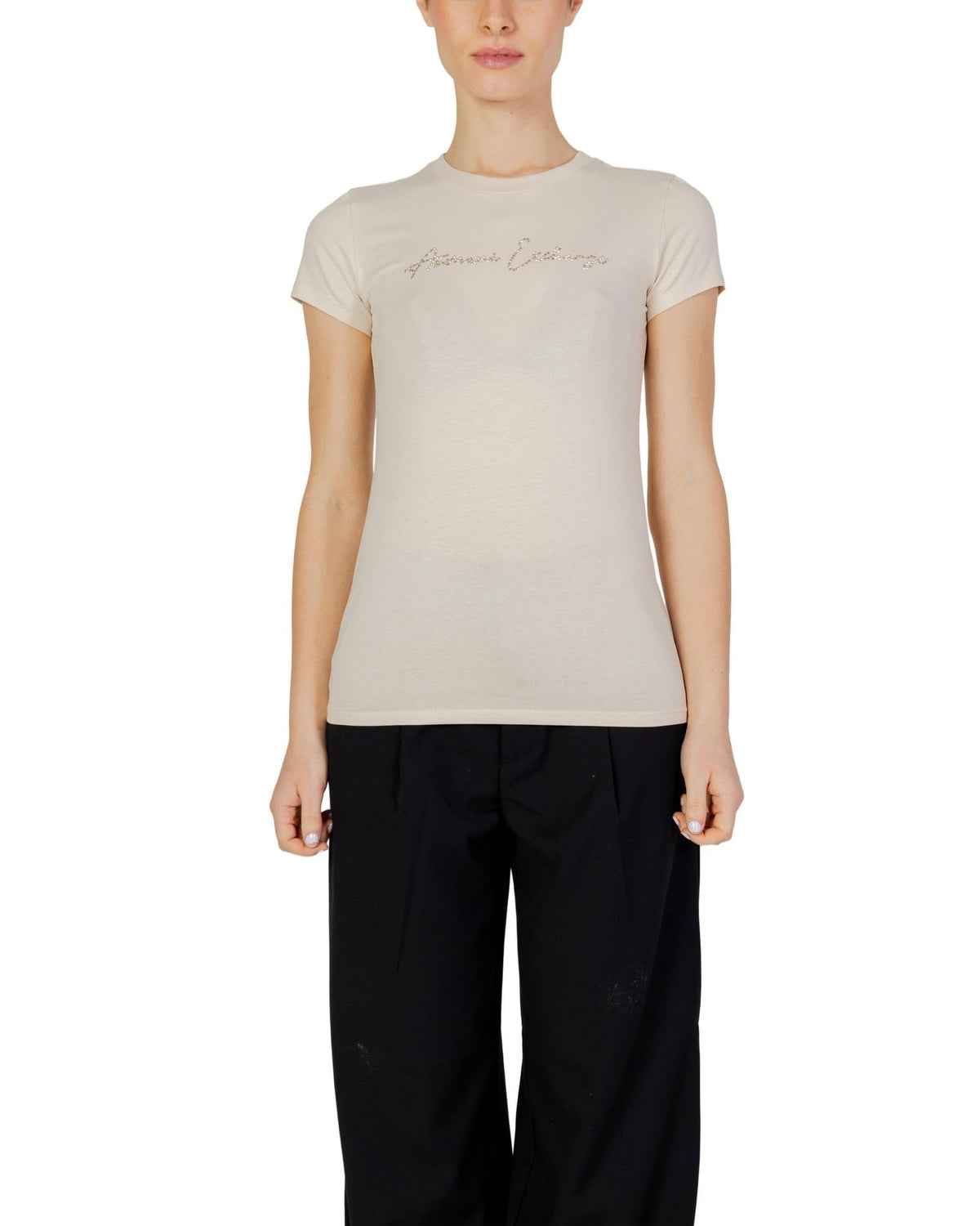 Armani Exchange Women's Rhinestone Script Logo Cotton Crew Neck T-Shirt, Dusty Ground, M
