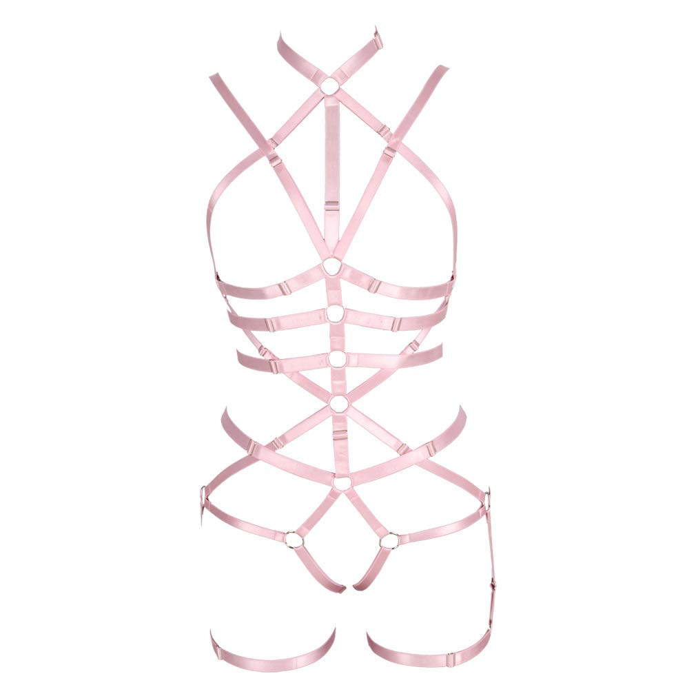 Women Body Harness Set Carnival Garter Belt Set Elastic Hollow Top Bra Punk Gothic Dance Costume (0029) (Pink)