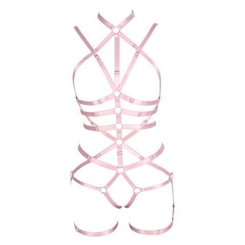 Women Body Harness Set Carnival Garter Belt Set Elastic Hollow Top Bra Punk Gothic Dance Costume (0029) (Pink)