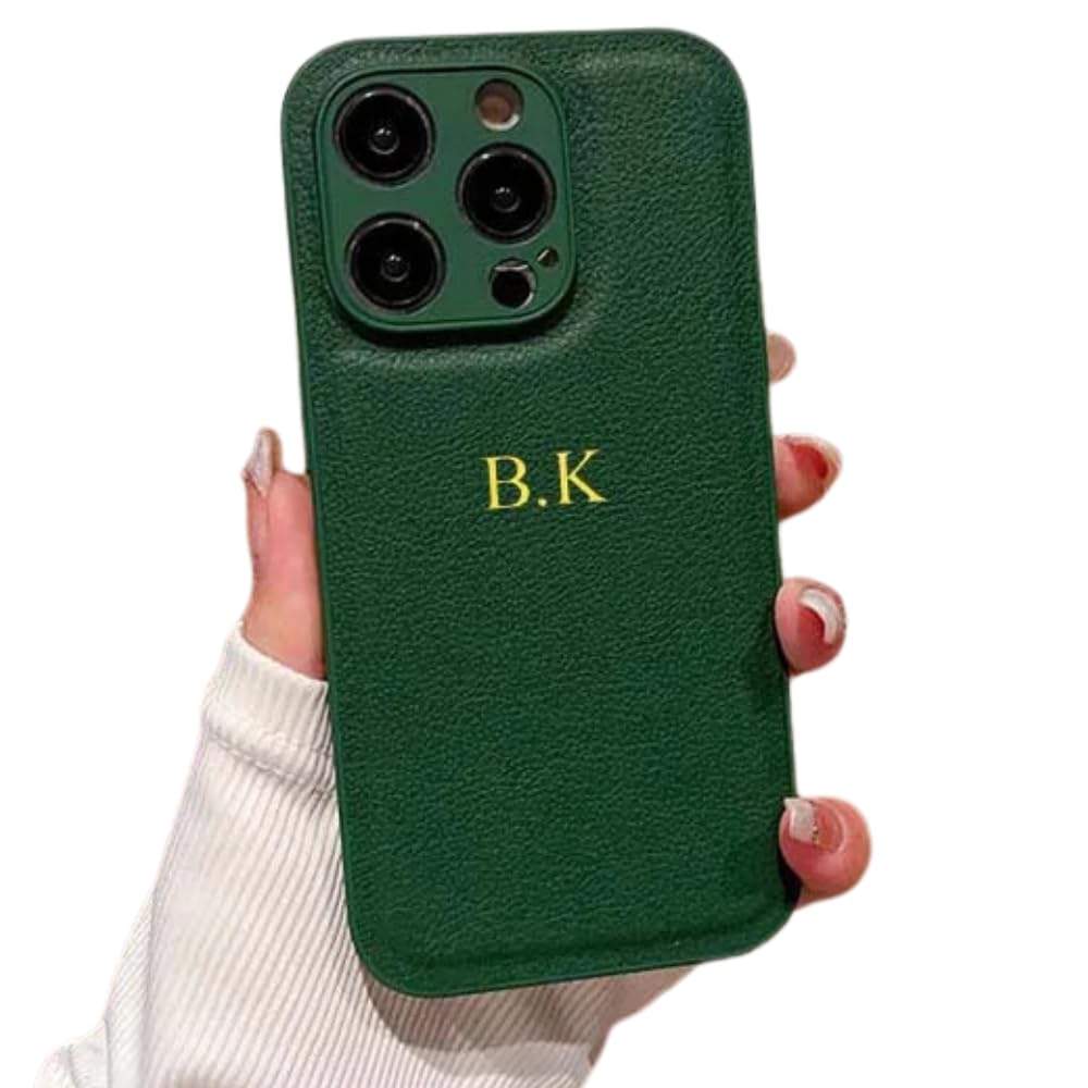 Custom Embossed Case for iPhone, Personalized Leather Case for iPhone 15, 14, 13, 12, 11, Plus, Pro, Pro Max, Custom Text, Date, Name, Initials, Monogram, Engraving, Gift idea (Green)