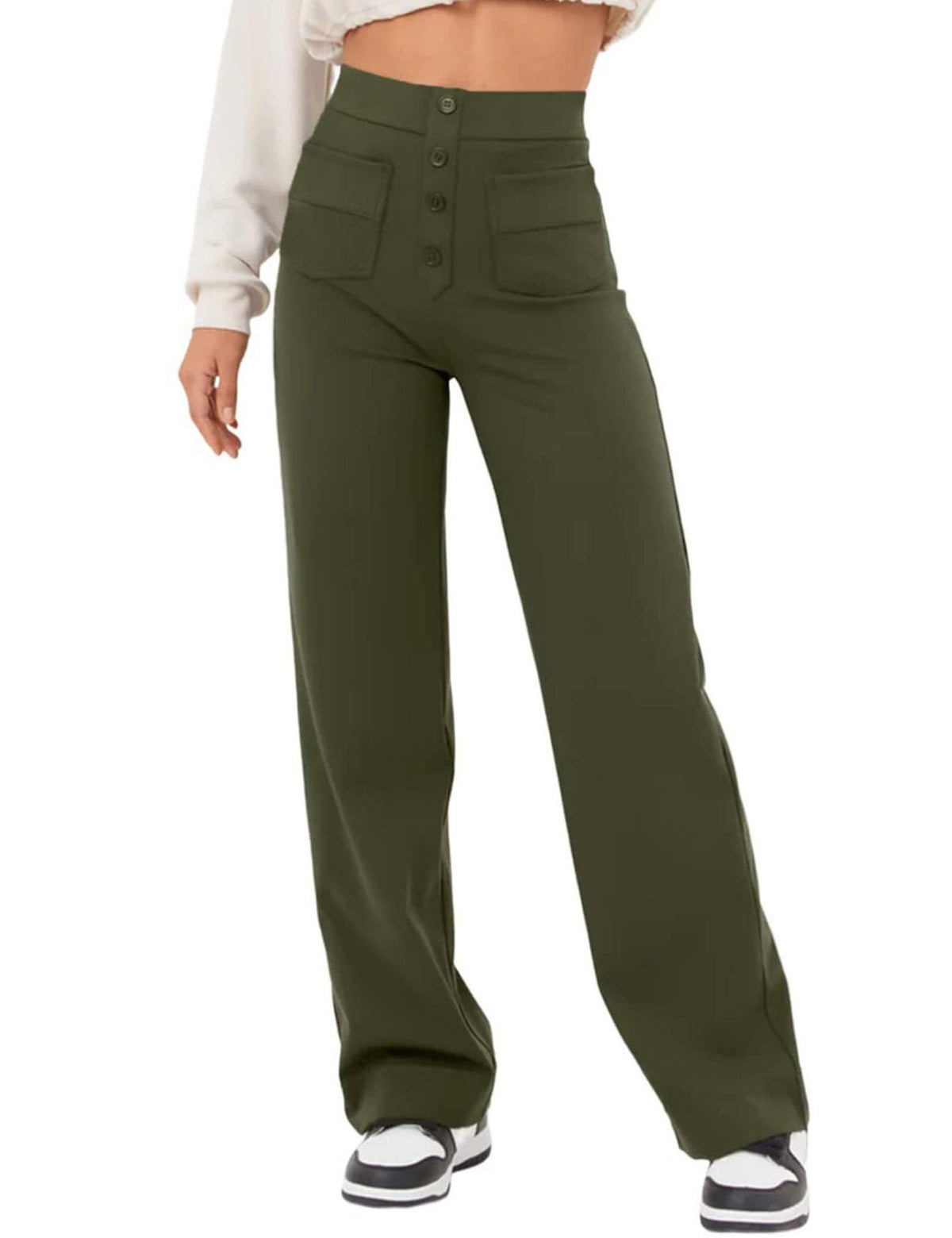 Flygo Womens High Waisted Multiple Pockets Straight Leg Flexipants Stretchy Work Trousers Button Down Casual Pants(ArmyGreen-L)