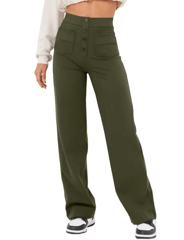 Flygo Womens High Waisted Multiple Pockets Straight Leg Flexipants Stretchy Work Trousers Button Down Casual Pants(ArmyGreen-L)