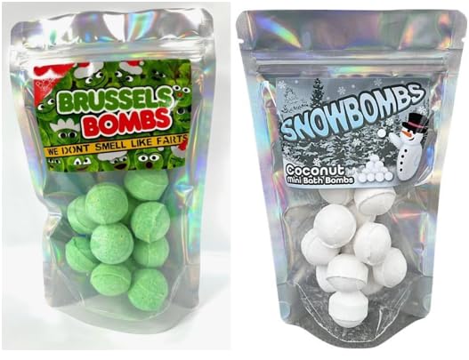 Snowbombs and Brussels Bombs Double Pack. 24 Mini Bath Bombs. Snowbombs - Coconut Milk, Brussels Bombs - Jasmine. Christmas Bath Bomb Set, Mini Bath Bombs for Kids. Stocking Fillers, Stocking Stuffer.