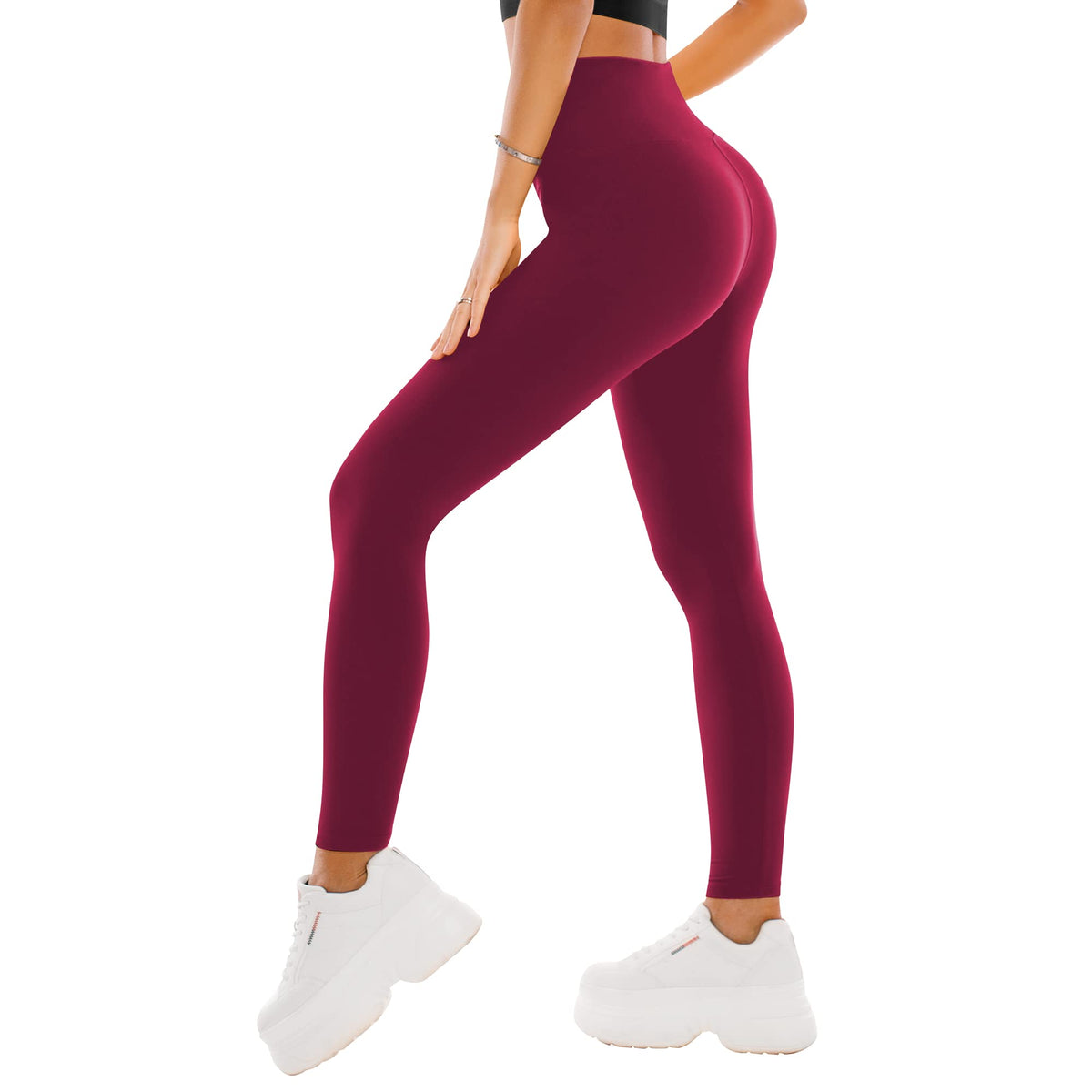 SINOPHANT High Waisted Leggings for Women - Full Length Capri Buttery Soft Yoga Pants for Workout Athletic(Full Burgundy,S-M)
