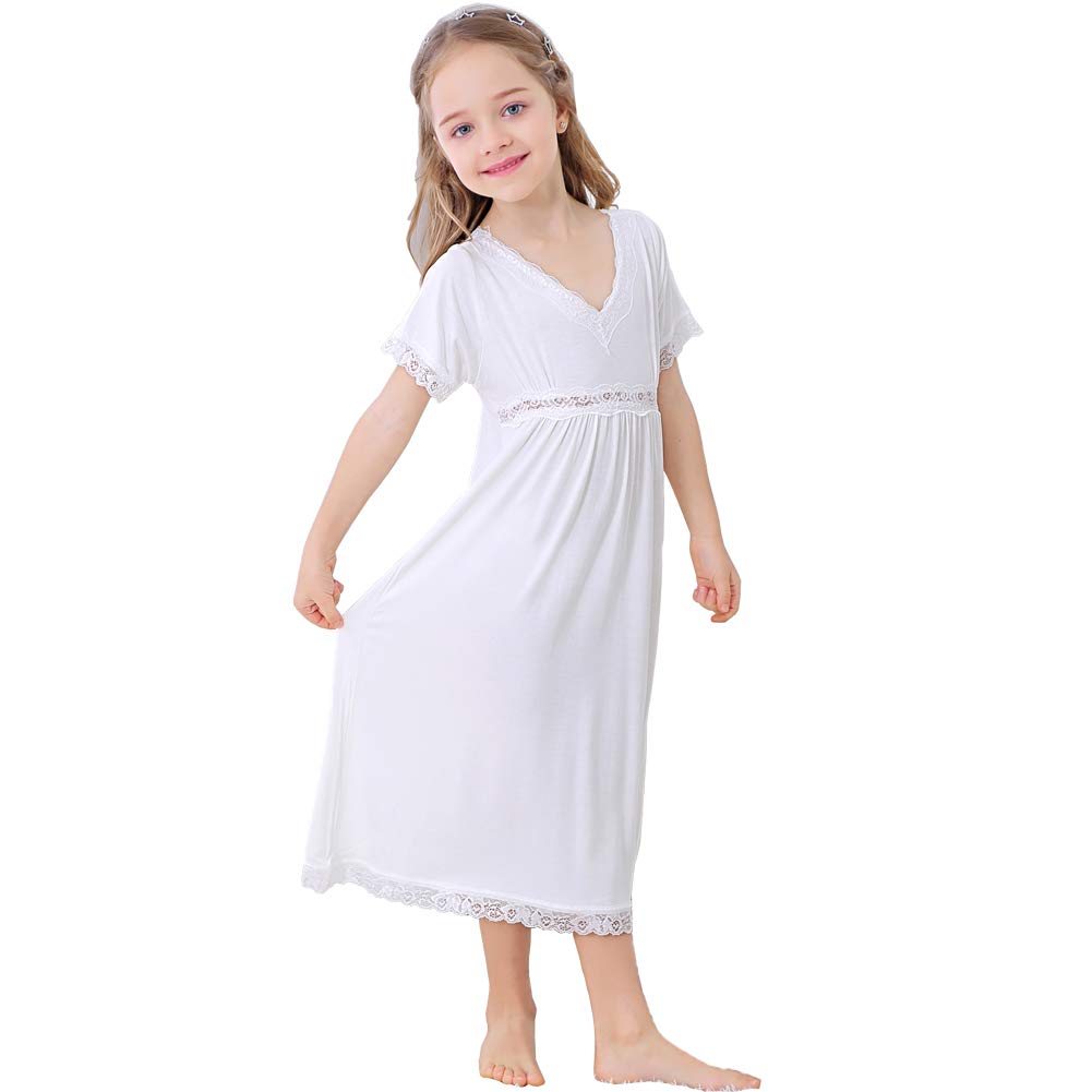 Girls Nightgown,Modal Cotton Sleepwear Solid Color Nightie Casual Princess Dresses for Kids 3-12 Years White