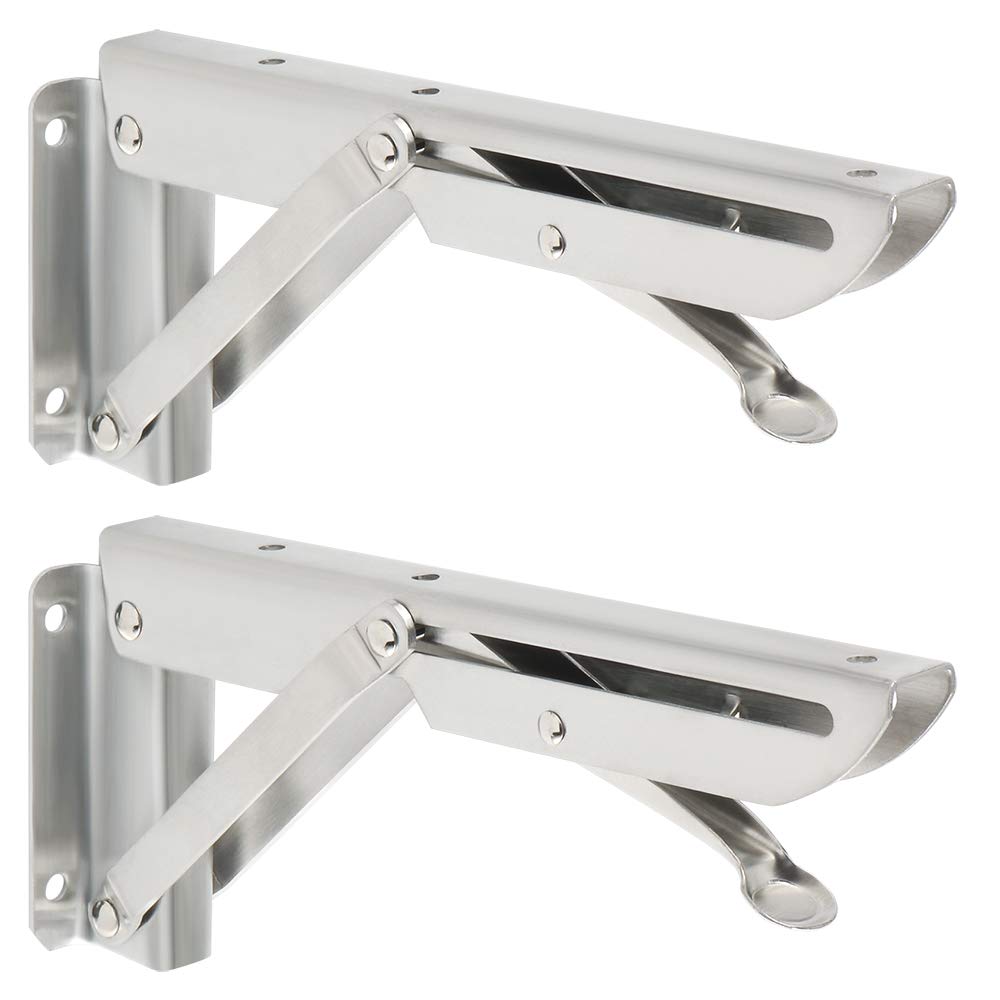 Mooche Folding Shelf Brackets 8inch, 2PCS Stainless Steel Brushed 200mm Collapsible Shelf Brackets, Heavy Duty Triangle Shelf Bracket for Wall Hanging